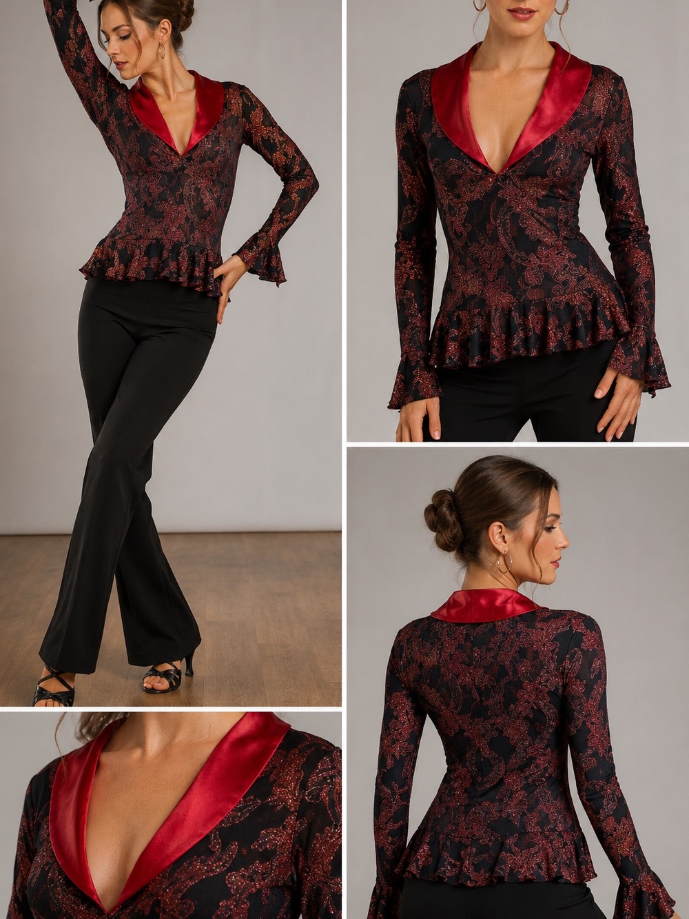 Weissman Red Black Glitter Scroll Ballroom Dance Peplum Performance Top Sz MA‎